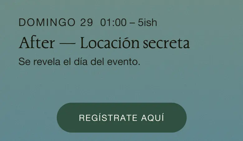 Renglón del itinerario de la boda de muestra: After, locación secreta, con su botón de registro.