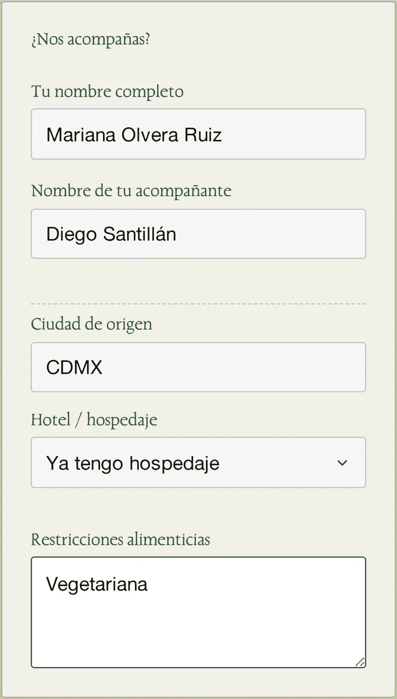 Formulario de confirmación de Mariana Olvera Ruiz con su acompañante Diego Santillán y su restricción de alimentación vegetariana, en el celular.