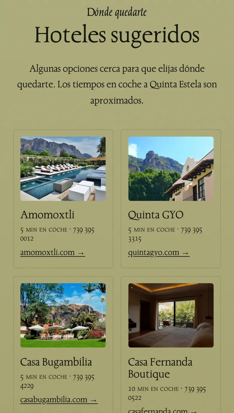 Página de hoteles: fotos, tiempo en coche y enlace de cada hotel sugerido.