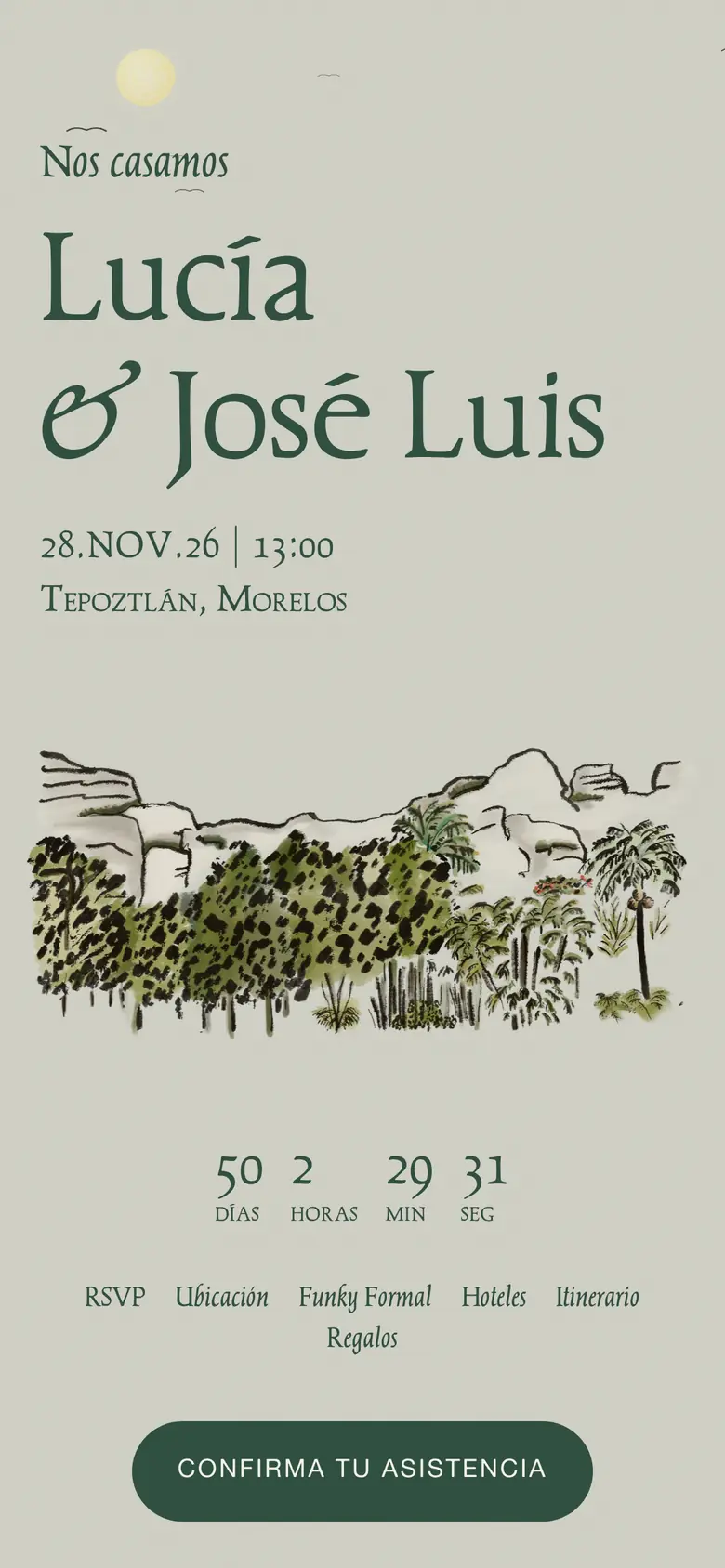 Inicio de la web de boda: nombres, fecha, lugar e ilustración propia de la pareja.