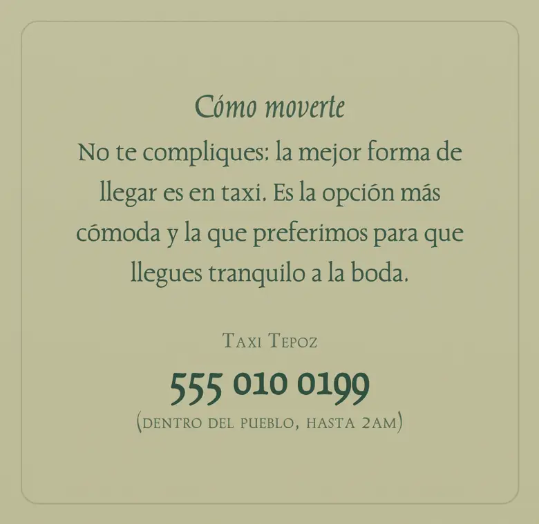Bloque Cómo moverte de la boda de muestra: el taxi como mejor forma de llegar, con teléfono de ejemplo.
