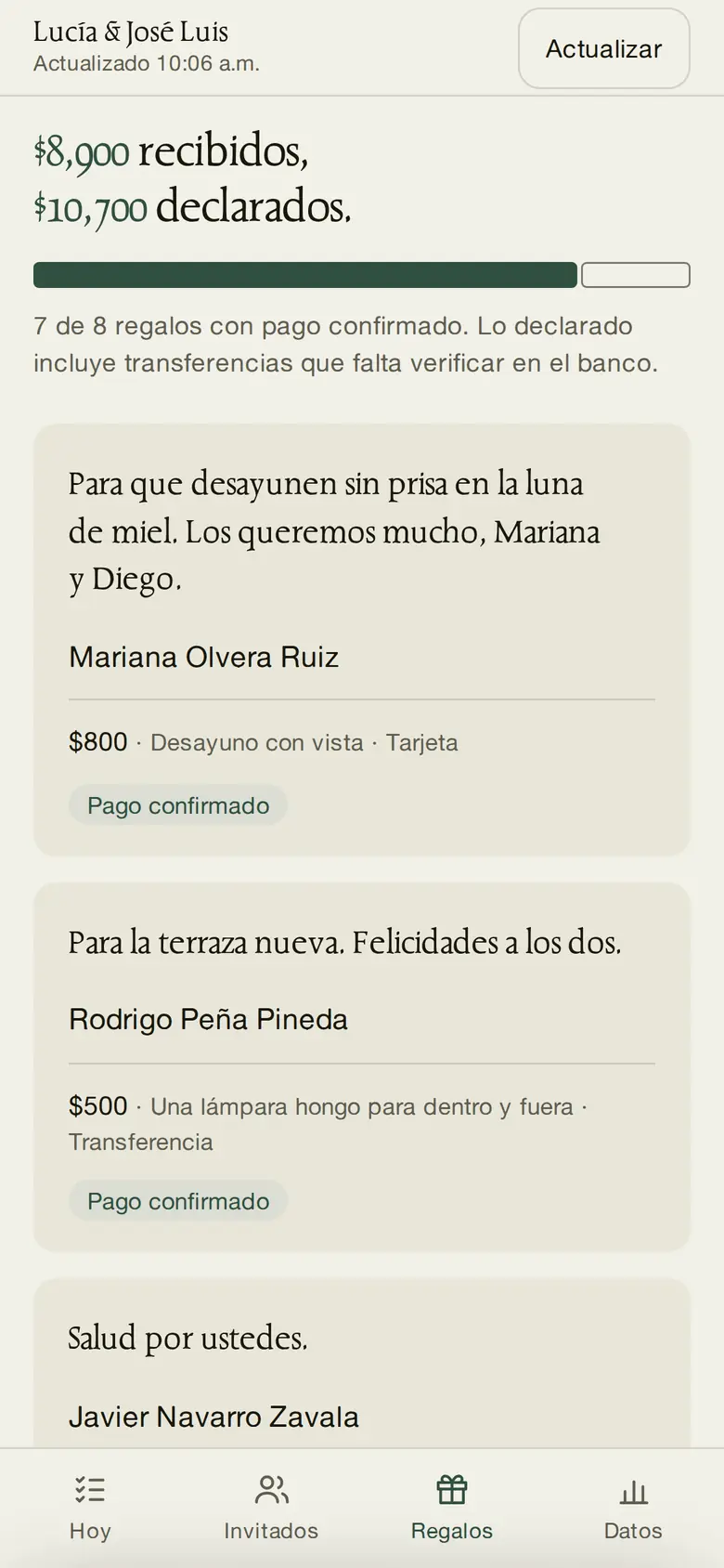 Panel privado de la pareja, vista de regalos: la nota de Mariana Olvera Ruiz, el regalo Desayuno con vista, 800 pesos y pago confirmado.