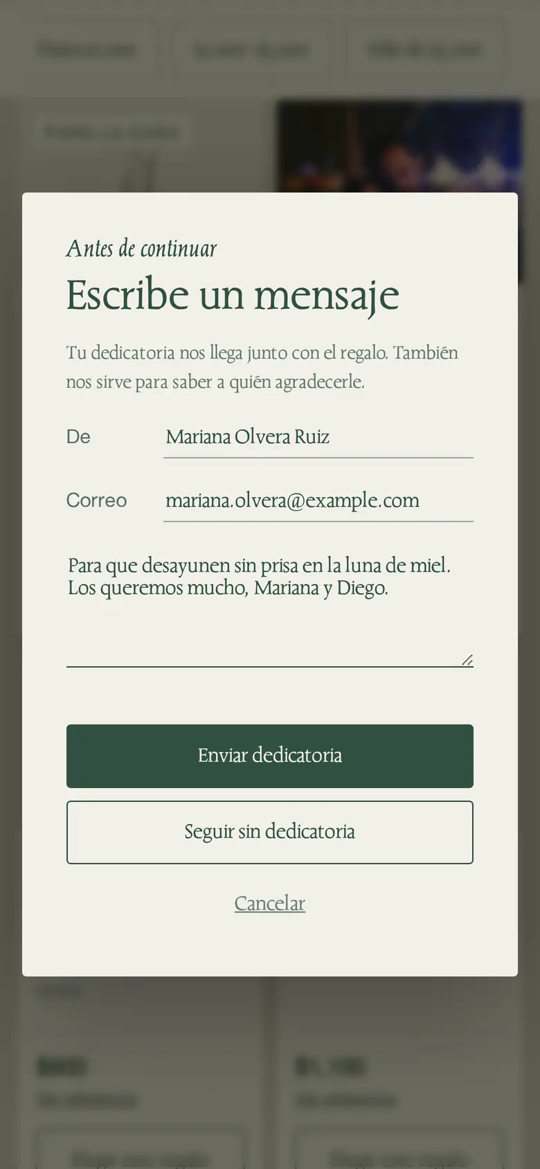 Dedicatoria escrita por Mariana Olvera Ruiz al elegir el regalo Desayuno con vista, en el celular.