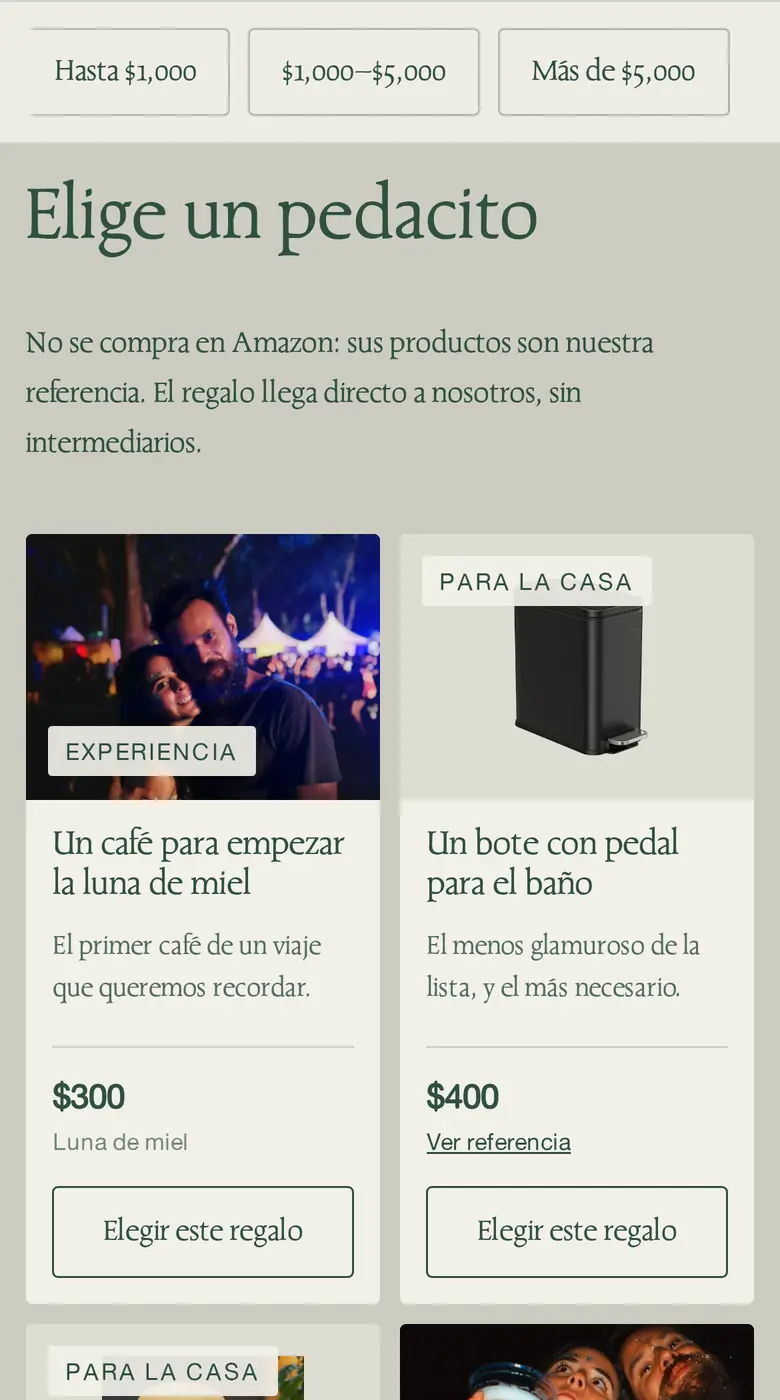 Mesa de regalos: tarjetas con foto, precio y botón para elegir.